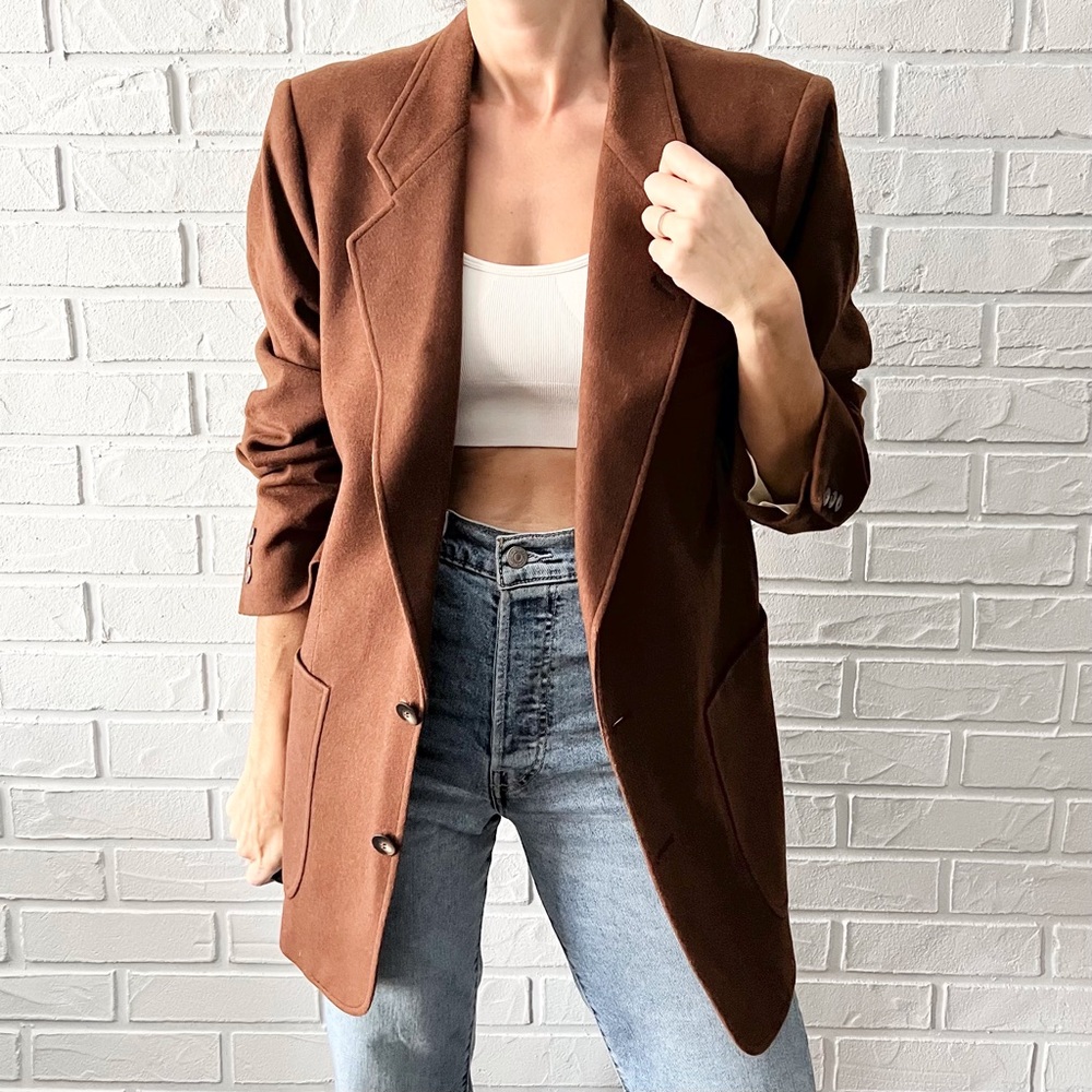 Vintage wool silk oversize warm brown blazer jacket coat - Picture 1 of 13